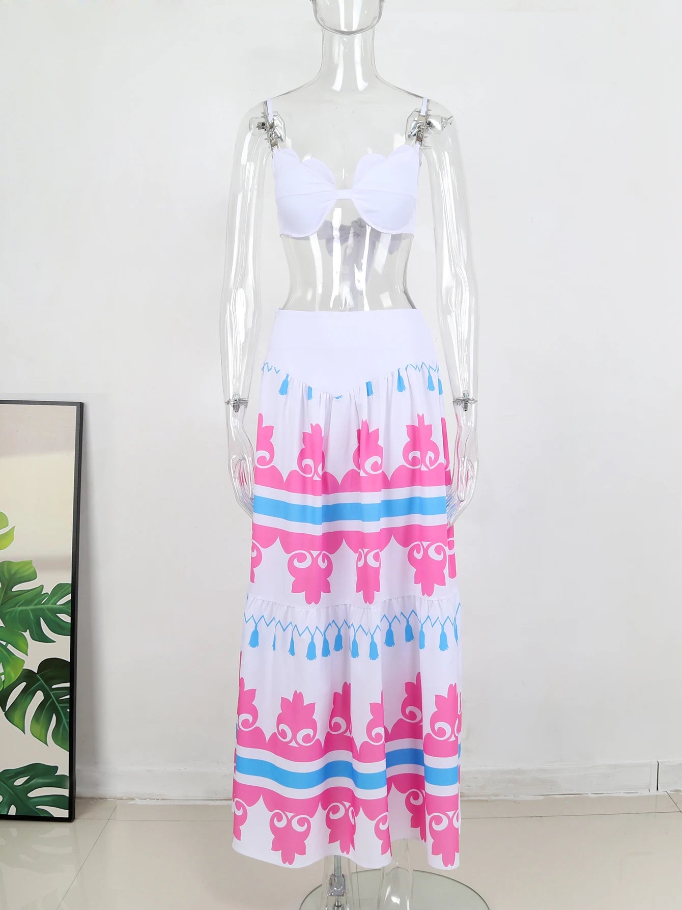 Women's Print Beach Two Piece Skirt White Bra High Waist A-line Long Skirt Beach Set