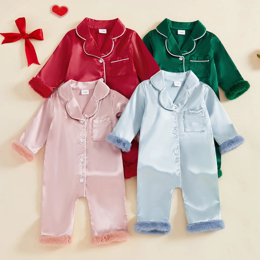 Baby Christmas Pajama Romper - Button Down with Feather Trim Cuffs