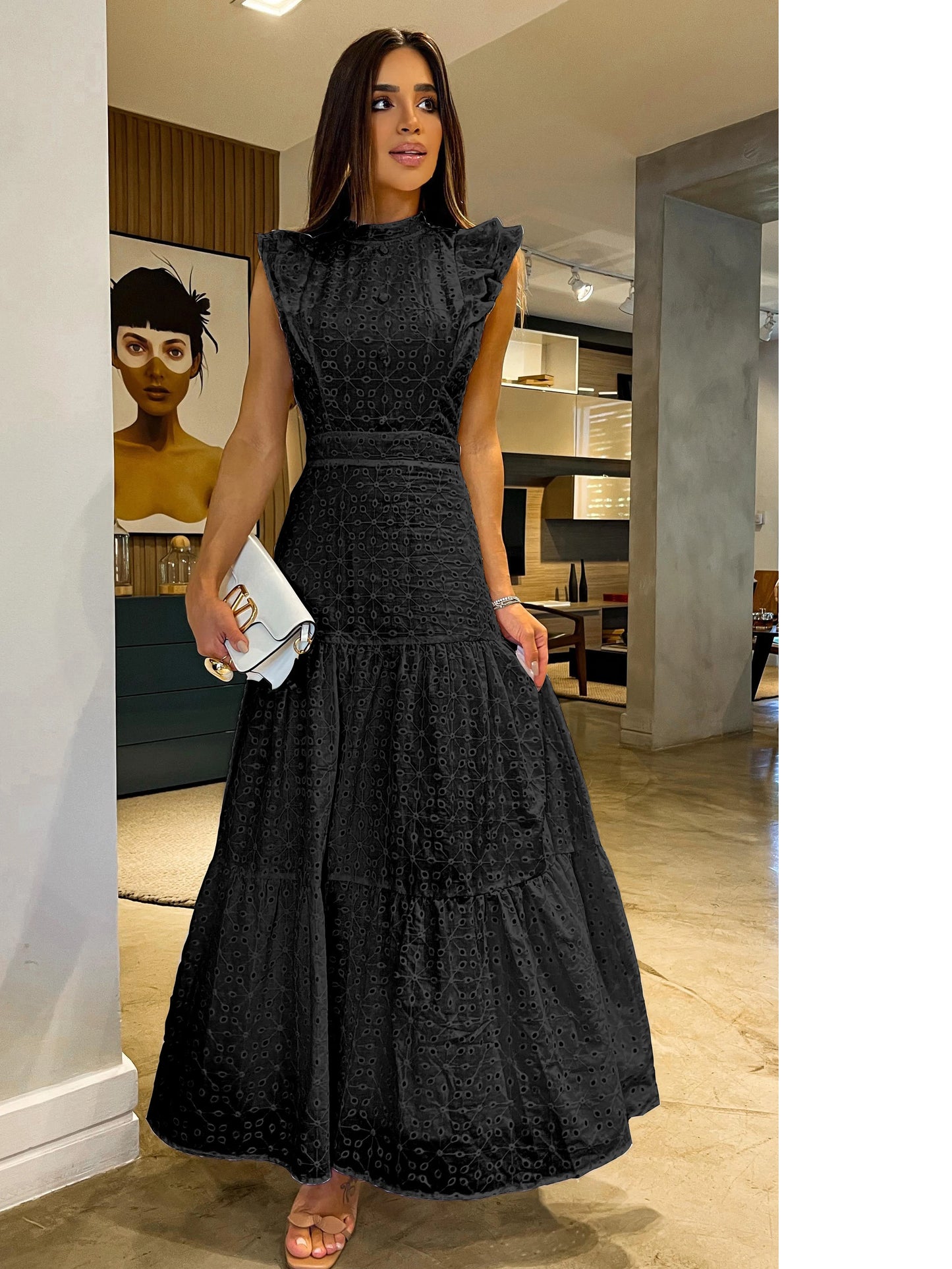 Women's Bohemian Hollow Out Elegant Round Neck Flying Sleeve Button Long Summer Dress