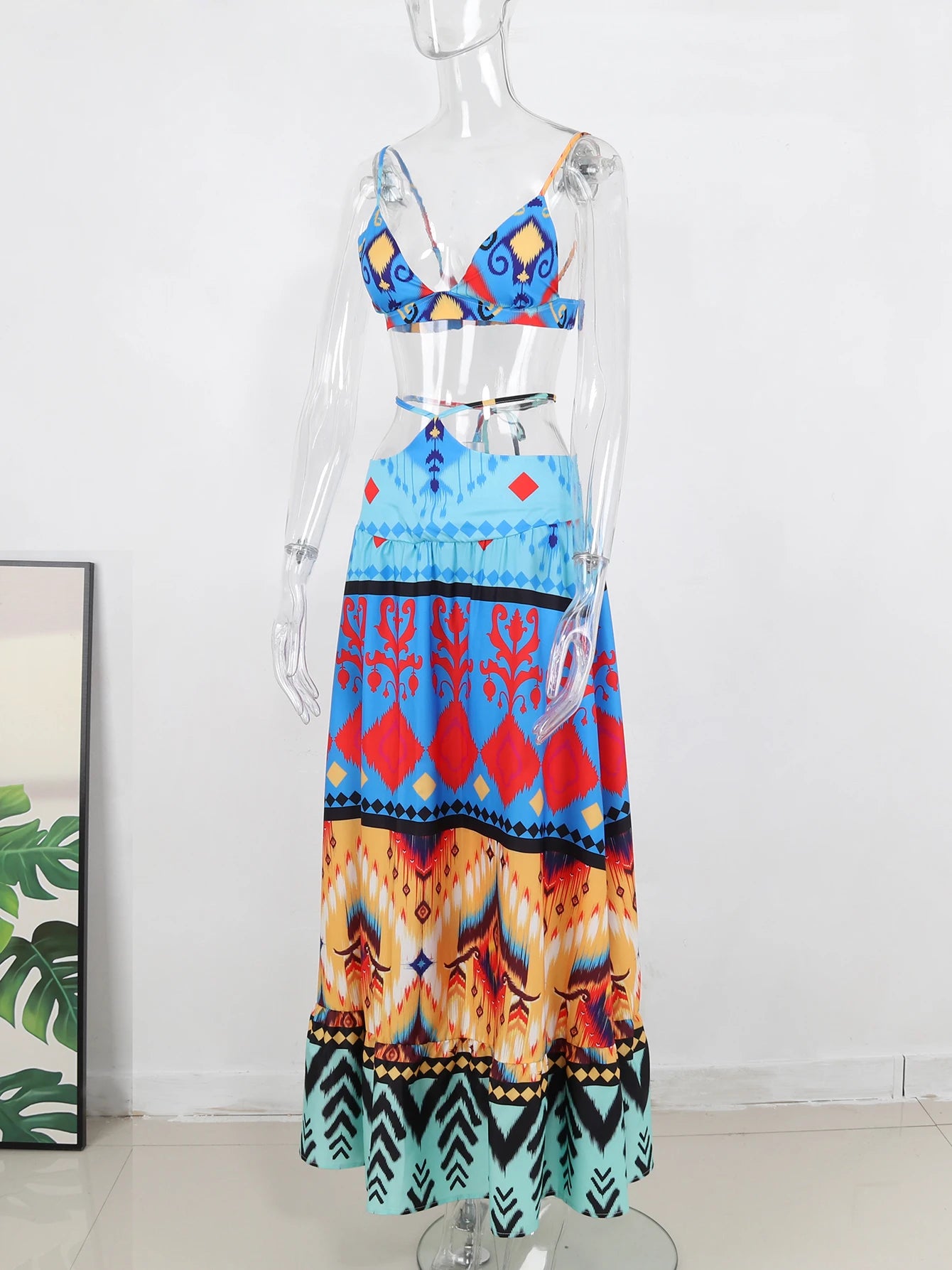 Women's Print Beach Two Piece Skirt White Bra High Waist A-line Long Skirt Beach Set