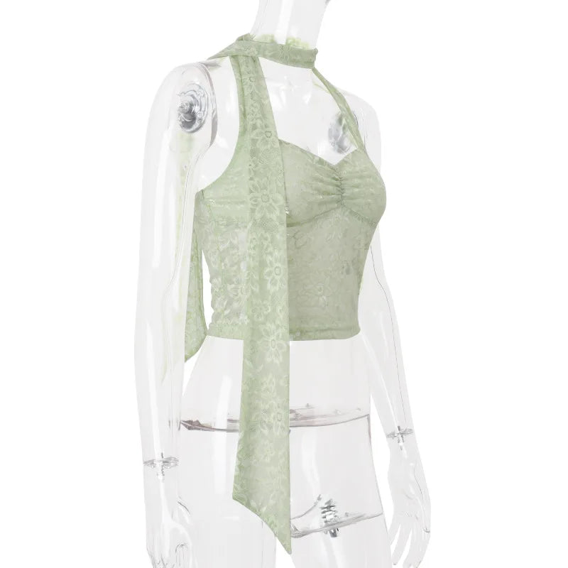 Women's Lace Halter Crop Top - Y2K Backless Sheer Summer Top