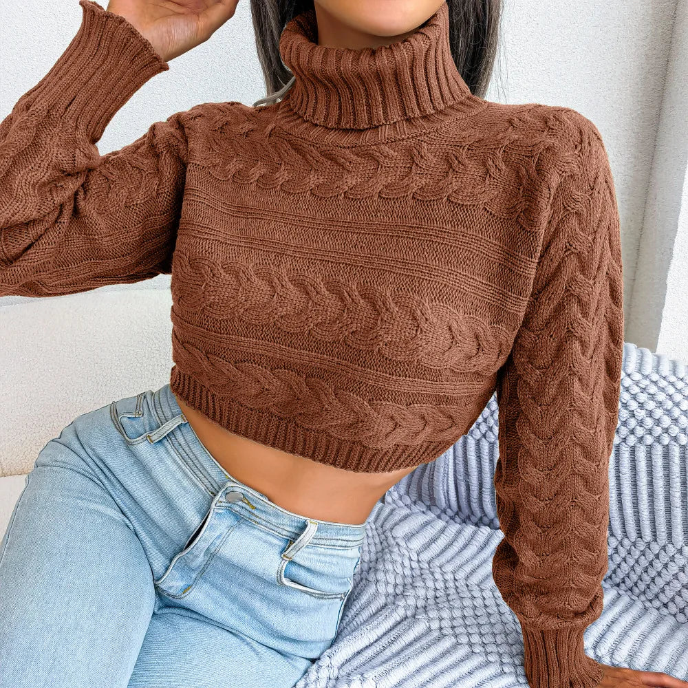 Women's Autumn Winter Casual Twist Long Sleeve Turtleneck Crop Knit Sweater