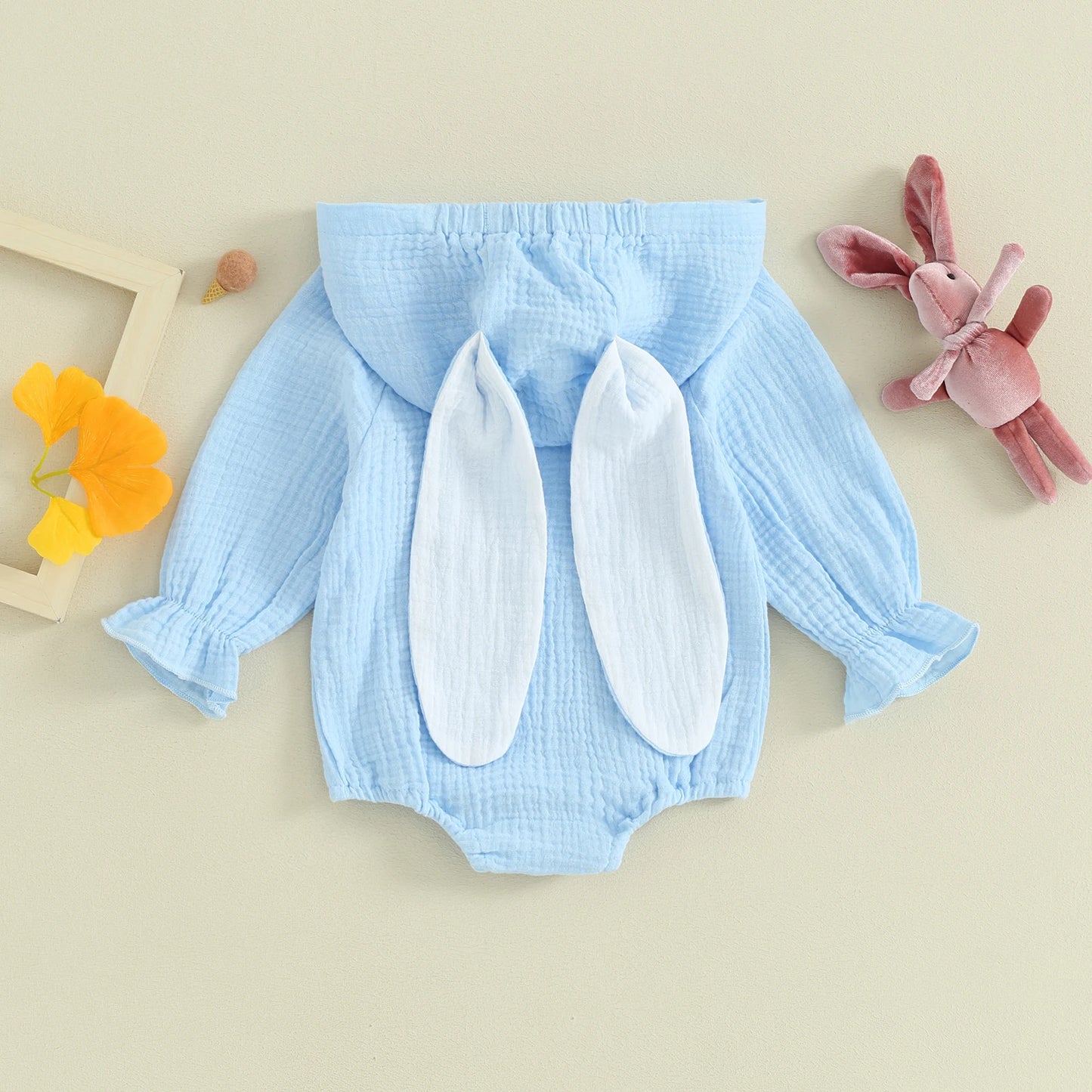 Infant Baby Girls Boys Easter Romper 0-18M Contrast Color Bunny Ear Long Sleeve Hooded Jumpsuits
