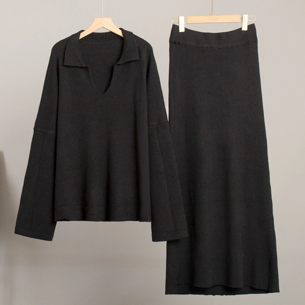 Women's Loose Sweater V-Neck Knit Pullover Top and Long High Waist Skirt 2 Piece Set