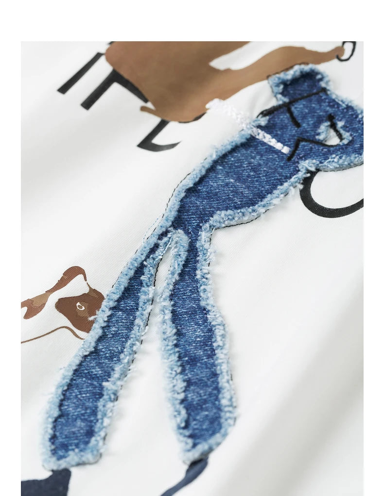 Women's Long Sleeve Lyocell Denim Patchwork Embroidery Cotton Pullover T-Shirt