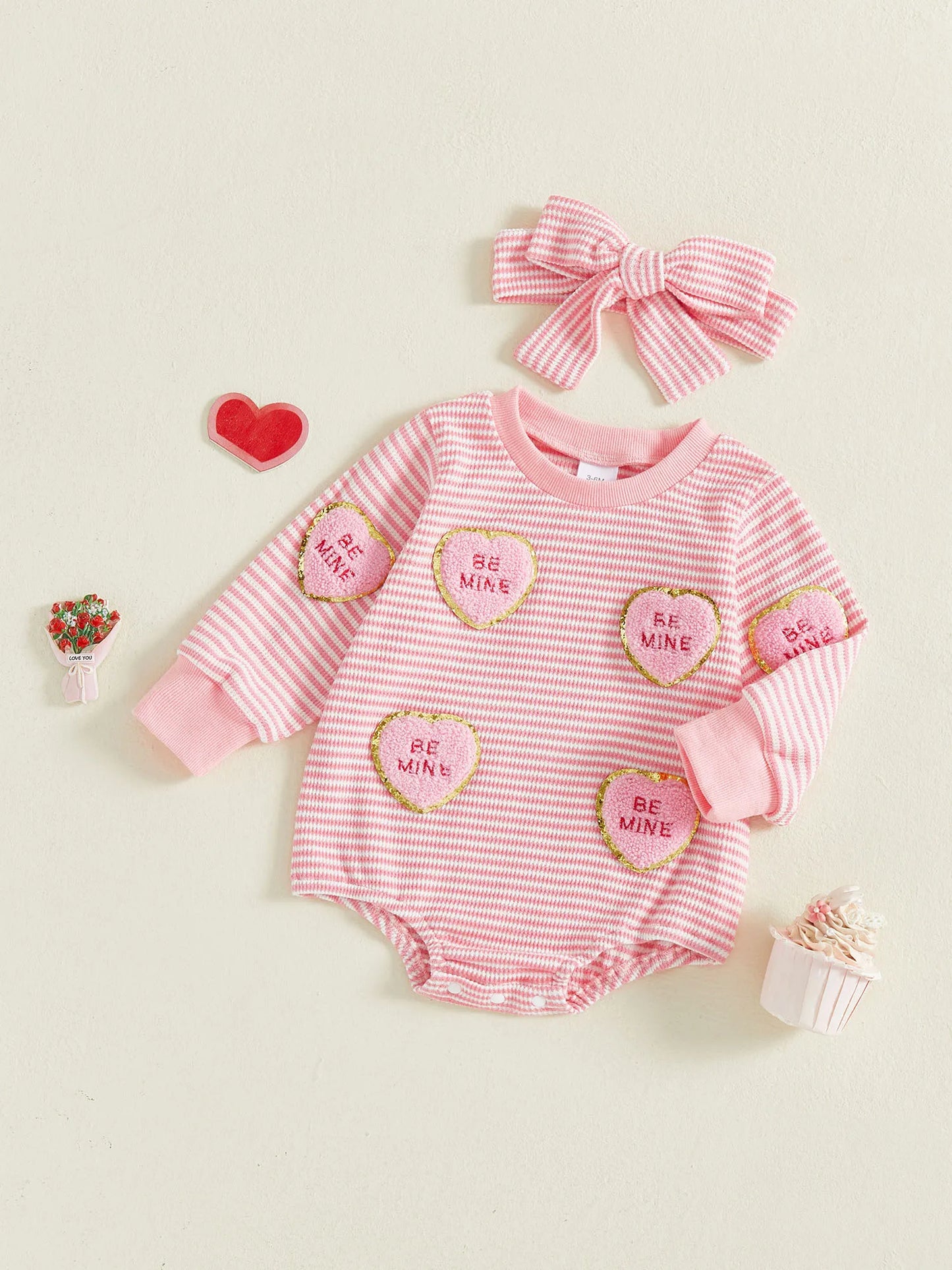 Baby Valentine's Day Romper Set - Striped Heart Embroidery with Headband