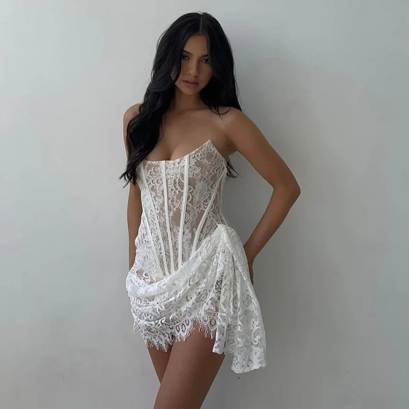 Women's Strapless Lace Trim Corset Mini Dress - A-Line Backless Wrap Dress