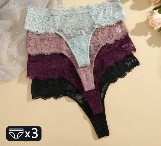3Pcs Women's Lace Hollow Out Underwear Floral Print Panties Low-Waist Thong Breathable G-string Lingerie