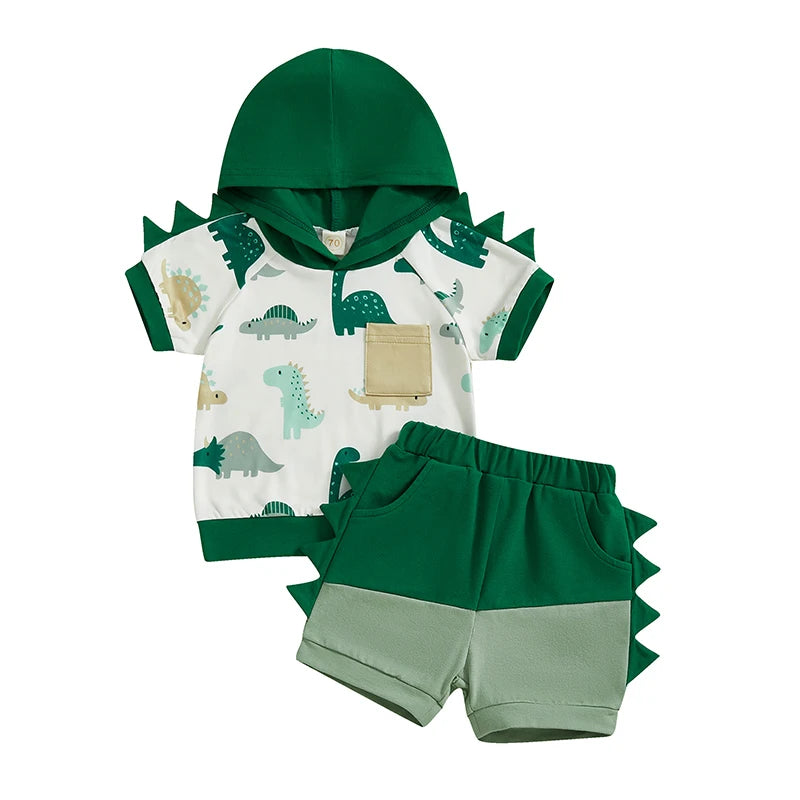 Baby Boys Dinosaur Print Summer Set - Hooded T-Shirt & Shorts (0-3Y)