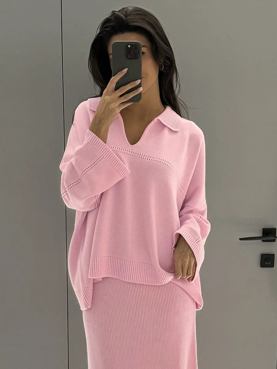 Women's Loose Sweater V-Neck Knit Pullover Top and Long High Waist Skirt 2 Piece Set