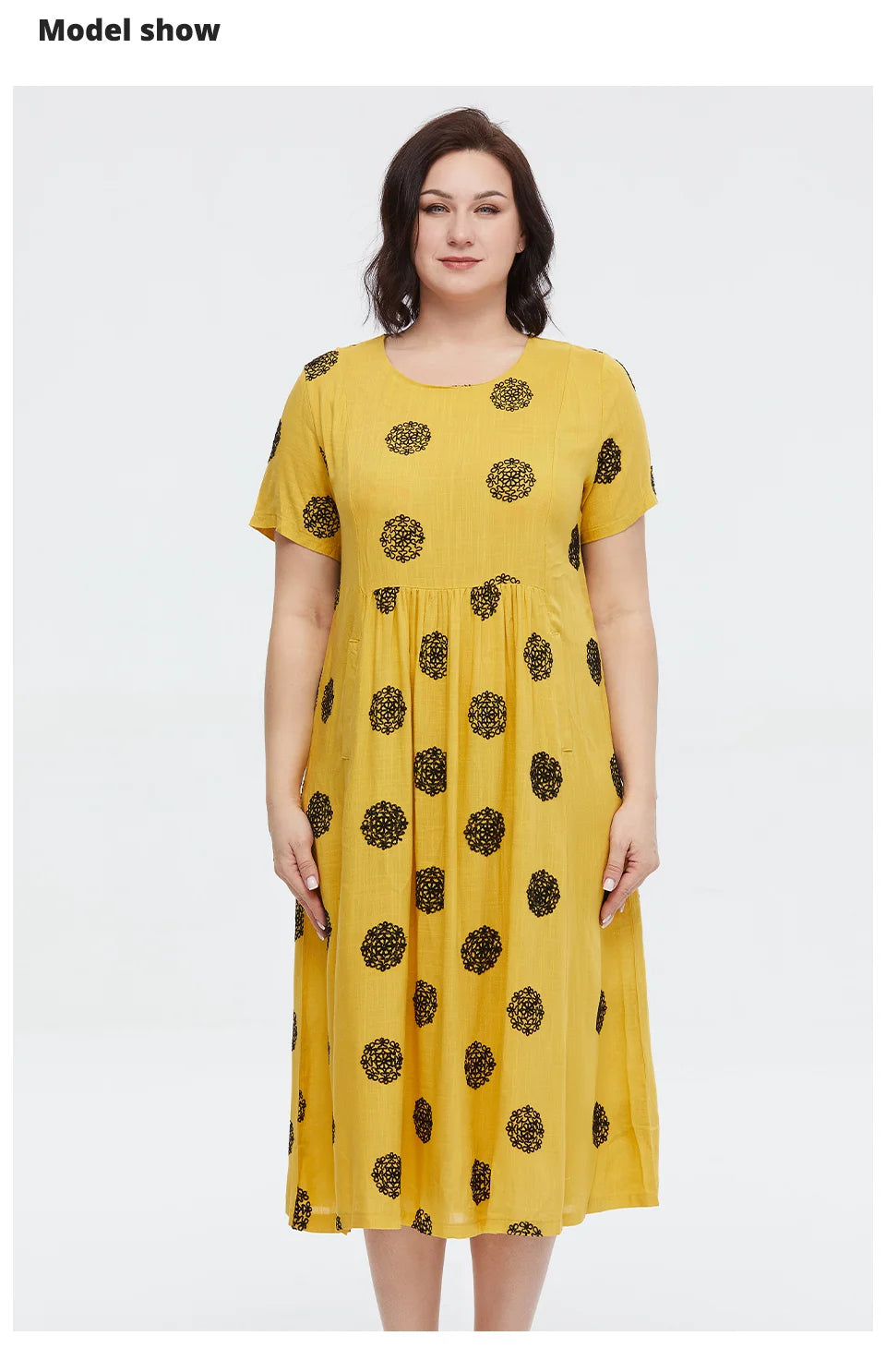 Women's Summer Elegant Cotton Oversize Office Polka Dot Embroidery Design Pocket Long Dress
