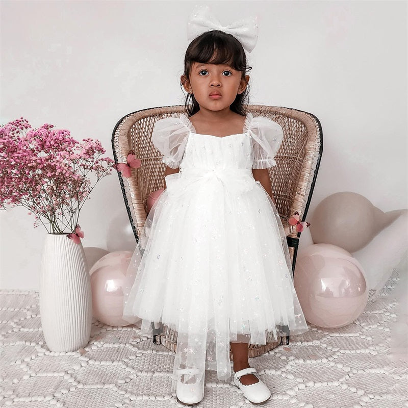 0-24M Princess Baby Girls Summer Romper Dress Short Sleeve Star Print Bowknot Tulle Patchwork Jumpsuits with Headband