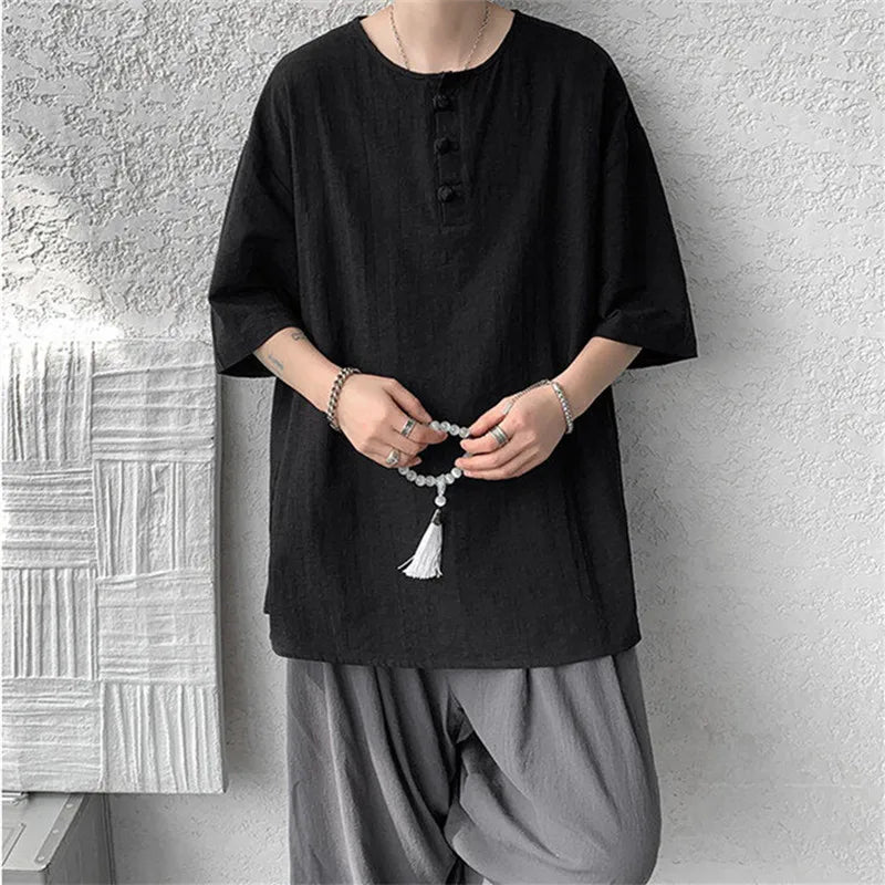 Men's Summer Cotton Linen Half Sleeve Breathable Round-Neck Loose Casual T-shirt