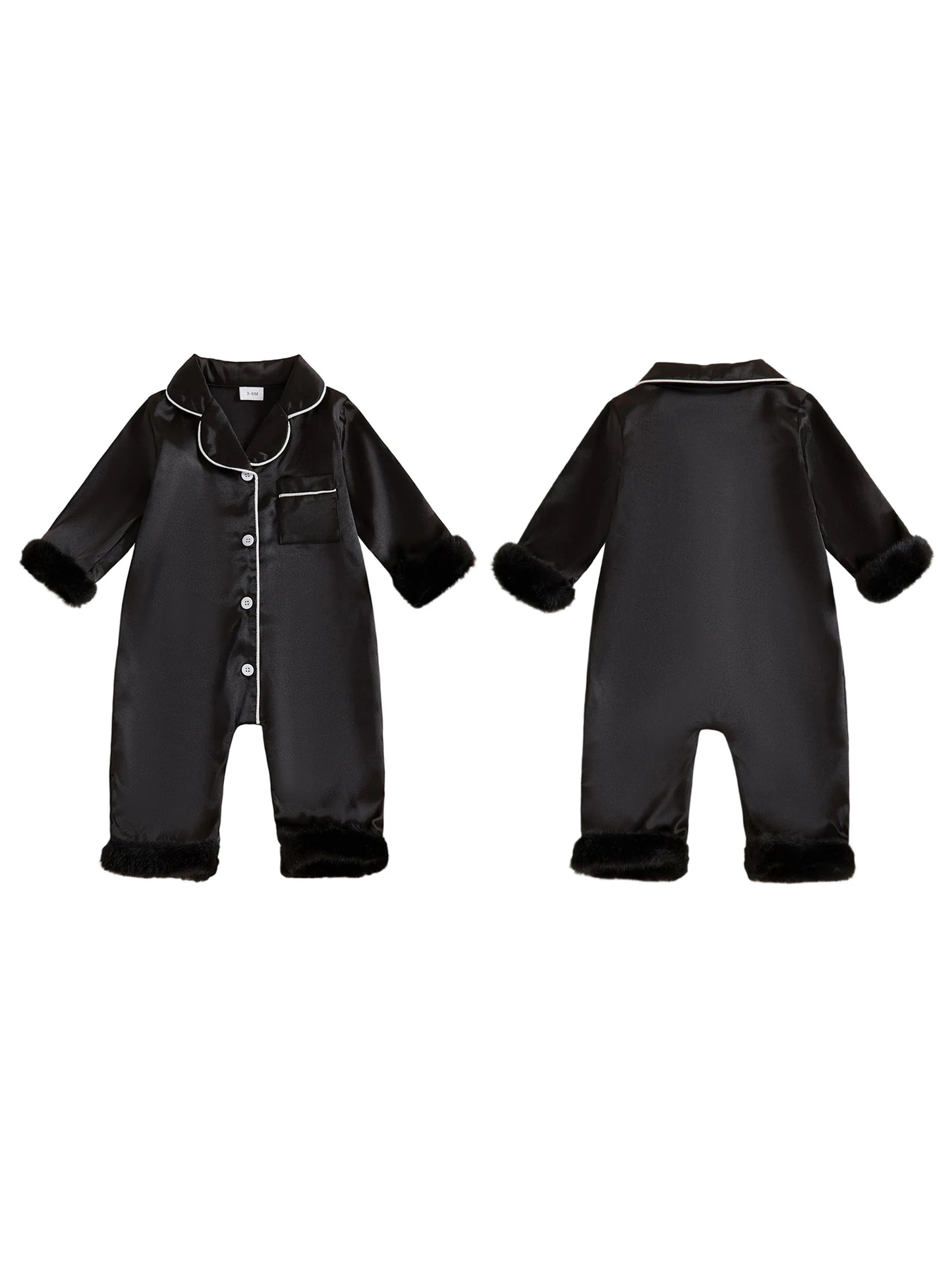 Baby Satin Pajama Romper - Fur Trim Button Down with Lapel