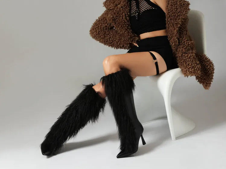 Women's Pointed Patent Leather Knee High Side Zipper High Heel Boots