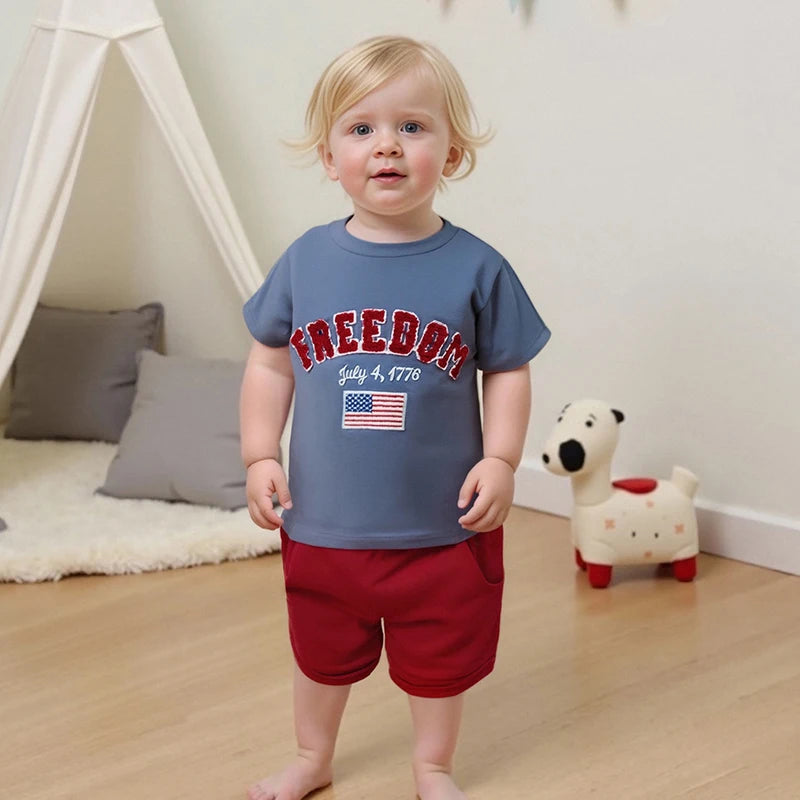 0-4Y Toddler Kids Boys American Flag Clothes Sets Letter Flag Embroidery Crew Neck Short Sleeve T-Shirt and Shorts