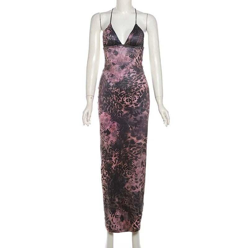 Women's Maxi Backless Butterfly Print Sleeveless Thin Line Summer Party Dress