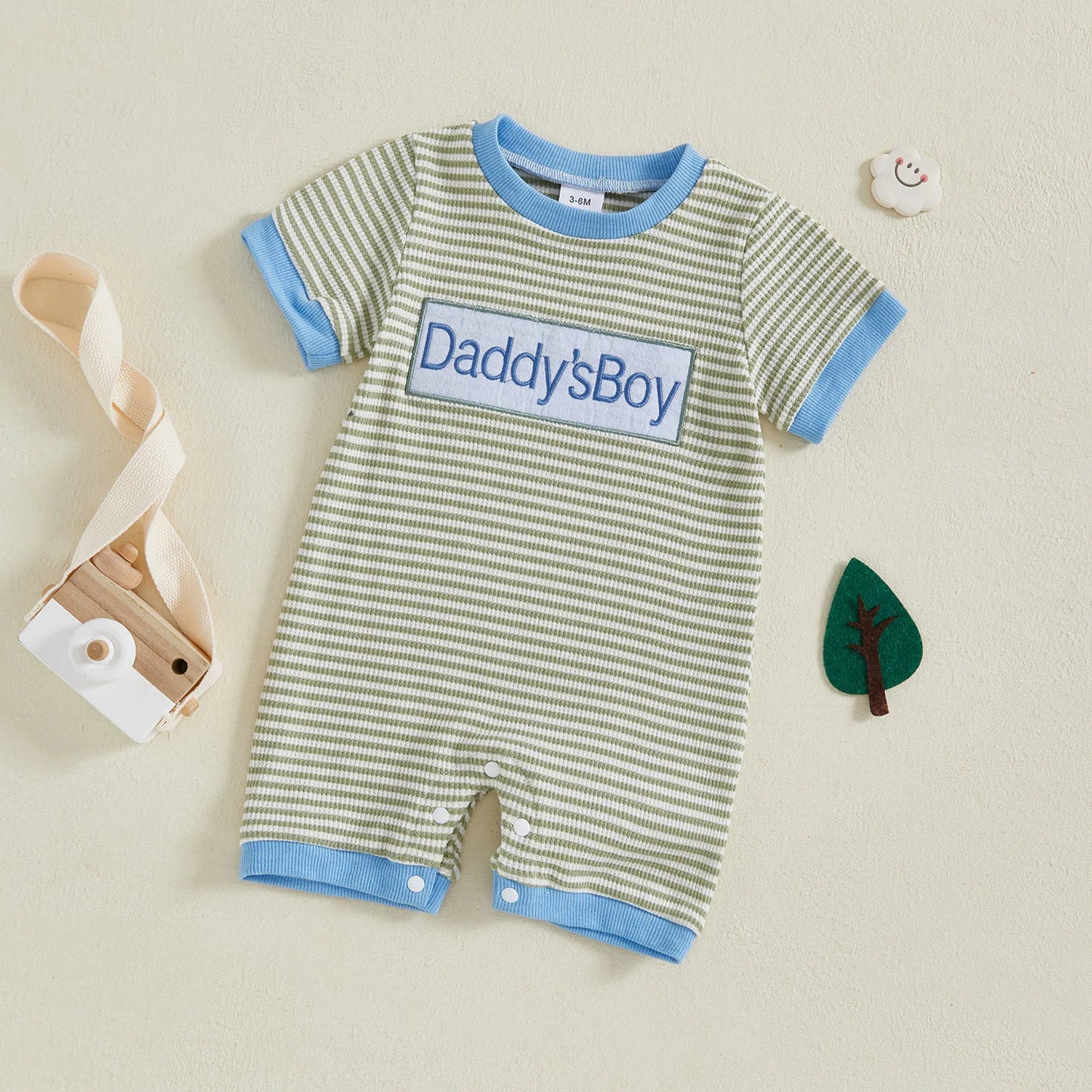 Newborn Baby Boys Summer Romper - Letter Embroidery Striped Jumpsuit (0-18M)