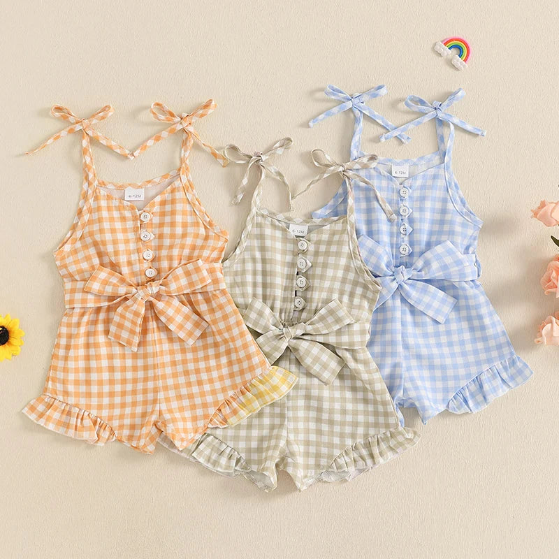 1-5Y Kids Girls Summer Jumpsuit Plaid Print Sleeveless Button Up Ruffle Trim Overalls with Belt