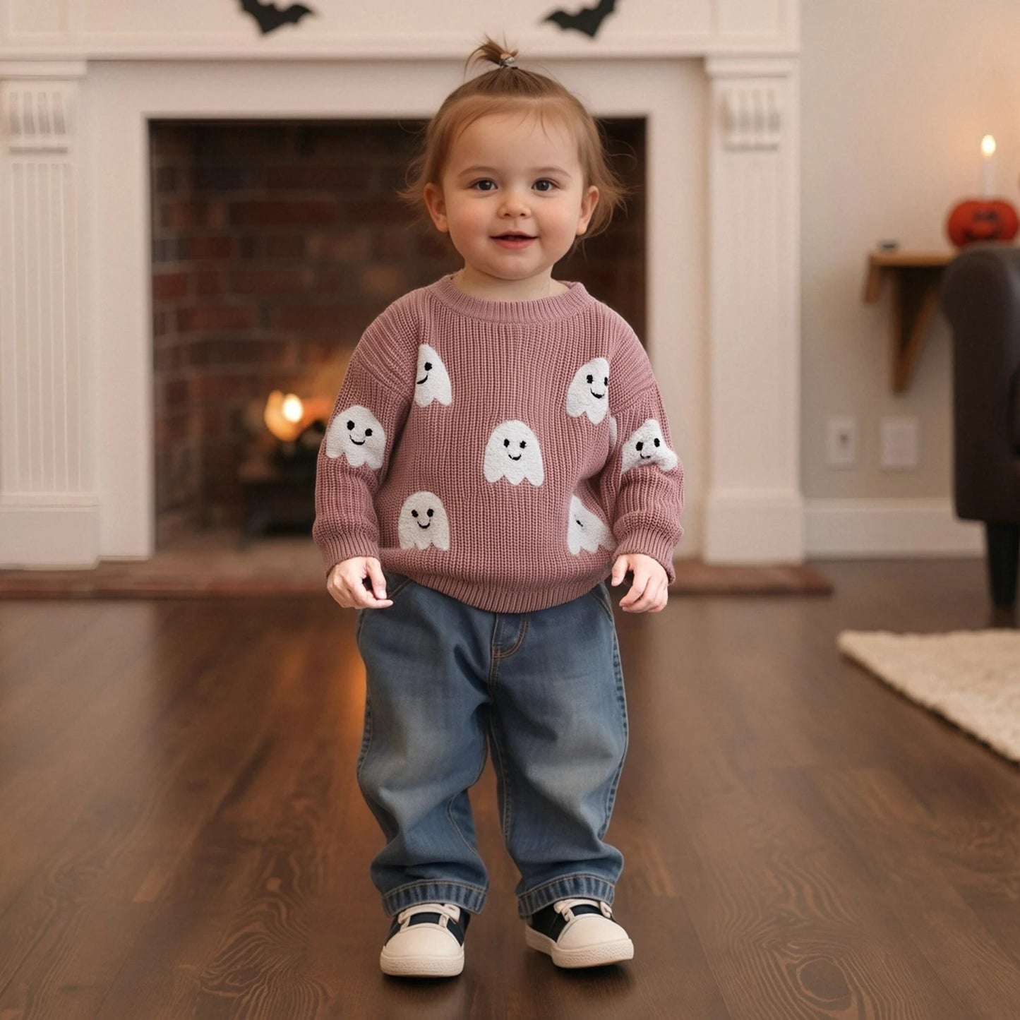 Kids Halloween Knit Sweater with Ghost Embroidery (0-4Y)