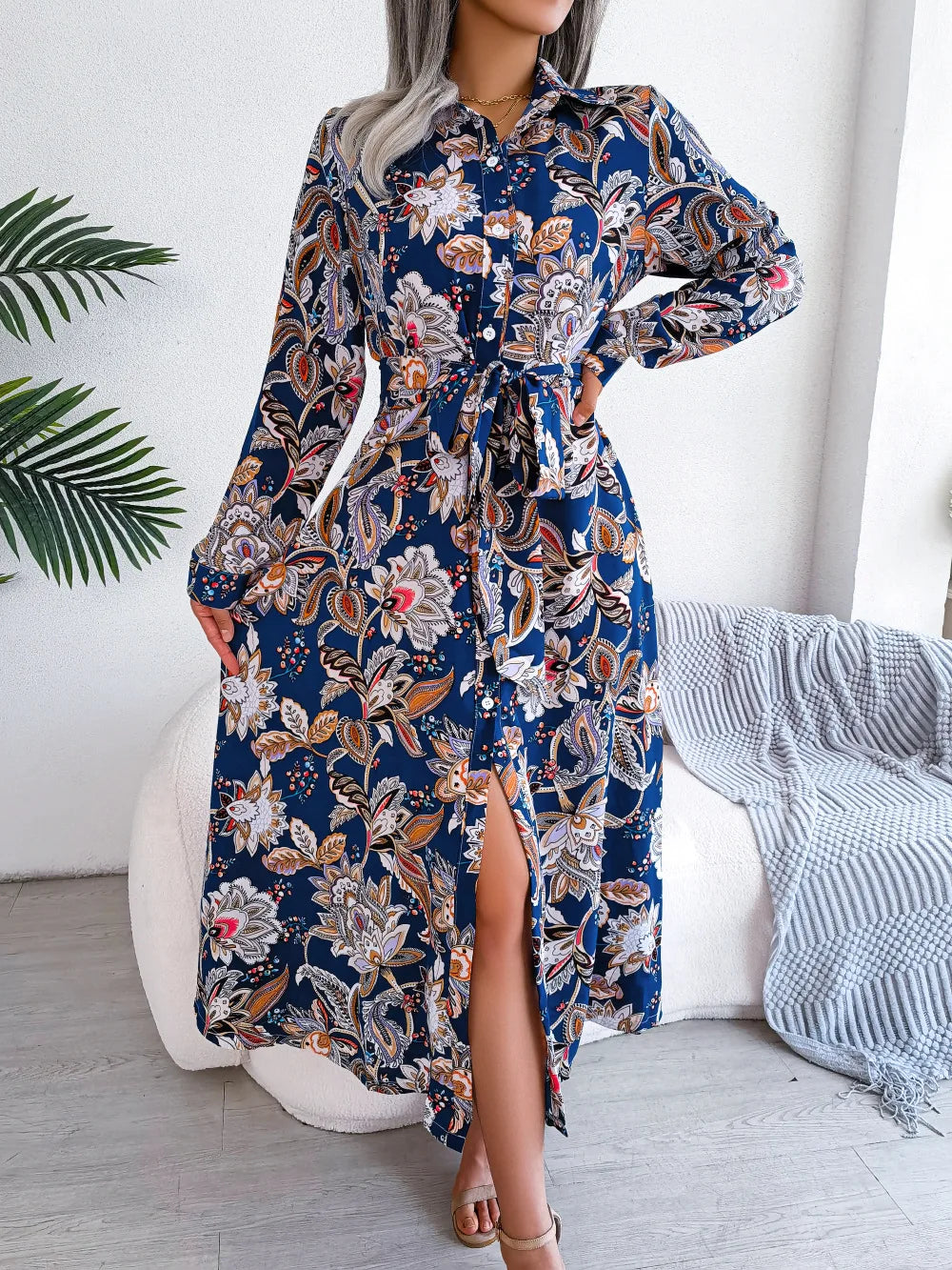 Women'S Spring Summer Retro Floral Collar Long Sleeve Tie Up Shirt Dress
