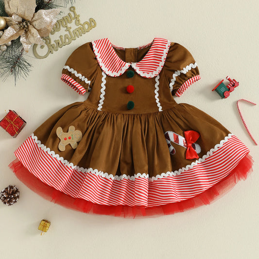 Toddler Girl's Christmas Dress - Gingerbread Man Print Doll Collar Bubble Sleeve