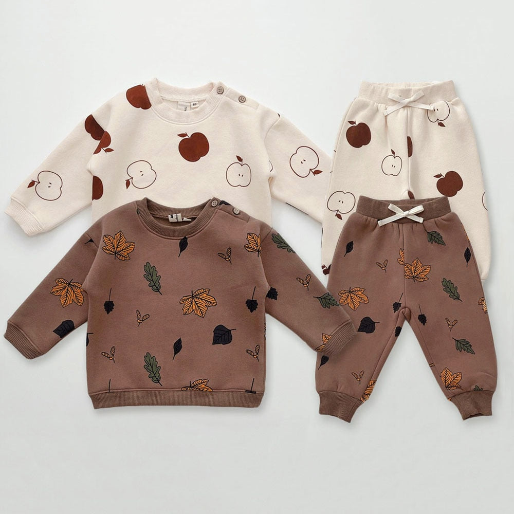 Children's 2Pcs Embroidery Thicken Fleece Warm Sweatshirt and Pants Set Outfit