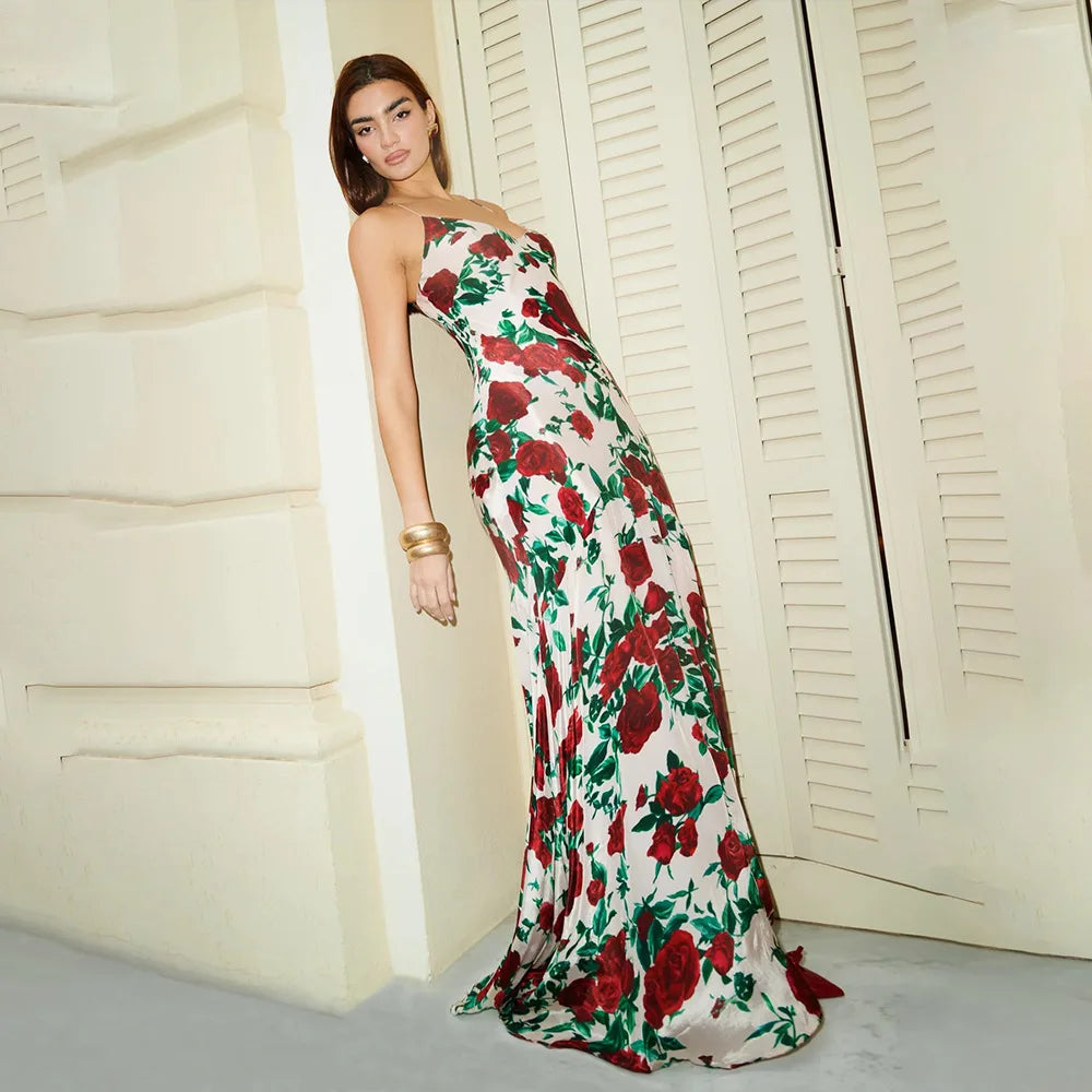 Women's Floral Print V Neck Scarf Draped Maxi Summer Backless Outfit Party Dress