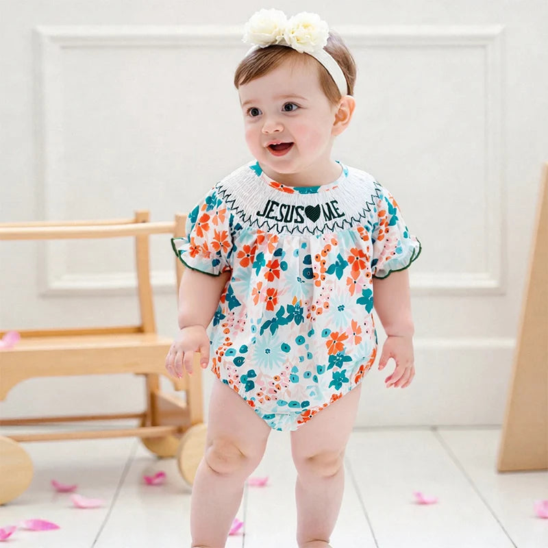 Baby Girls Floral Letter Embroidery Romper - Smocked Short Sleeve Playsuit (0-12M)