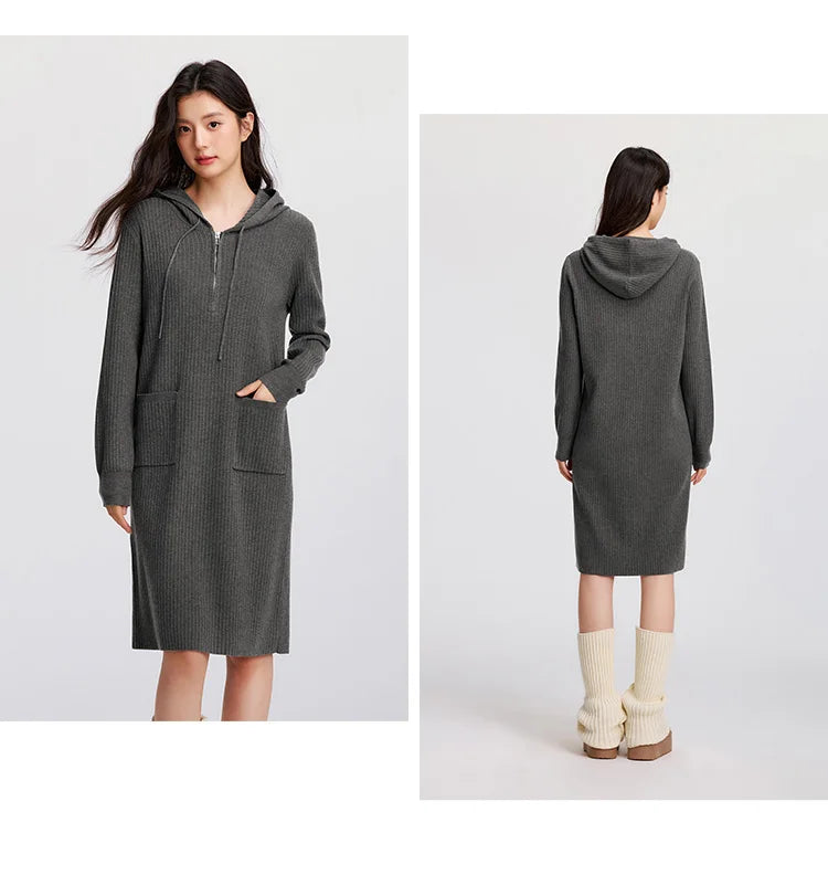 Women's Knit Hoodie Dress - Slim Fit Textured Mid-Length Winter Casual Style