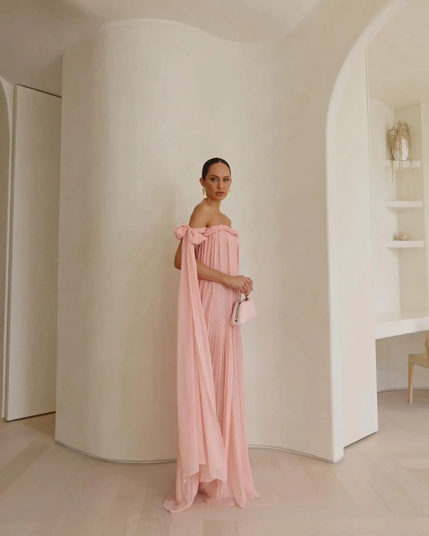 Off-Shoulder Braided Tie Maxi Dress - Pleated A-Line Summer Beach Dress