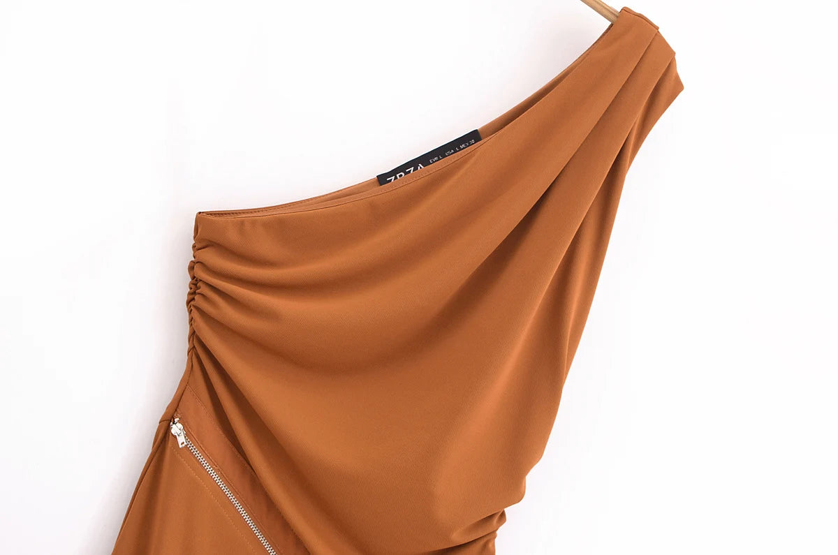 Women's Summer Pleated Temperament Slim Fit Zipper Decoration Asymmetrical Dress