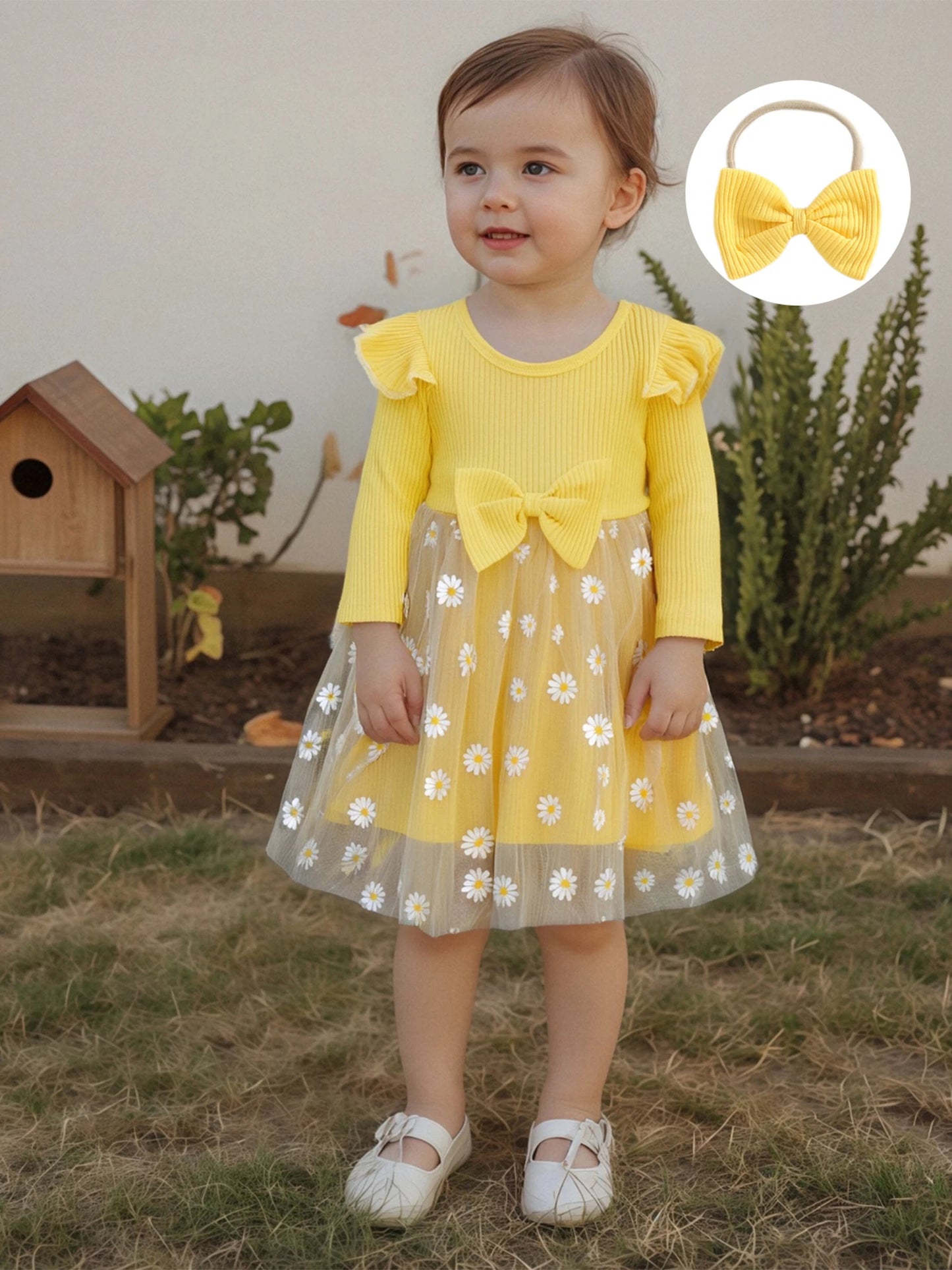 Lovely Baby Girls Fall Winter Dress - Sunflowers Print Tulle Dress with Headband (0-3Y)