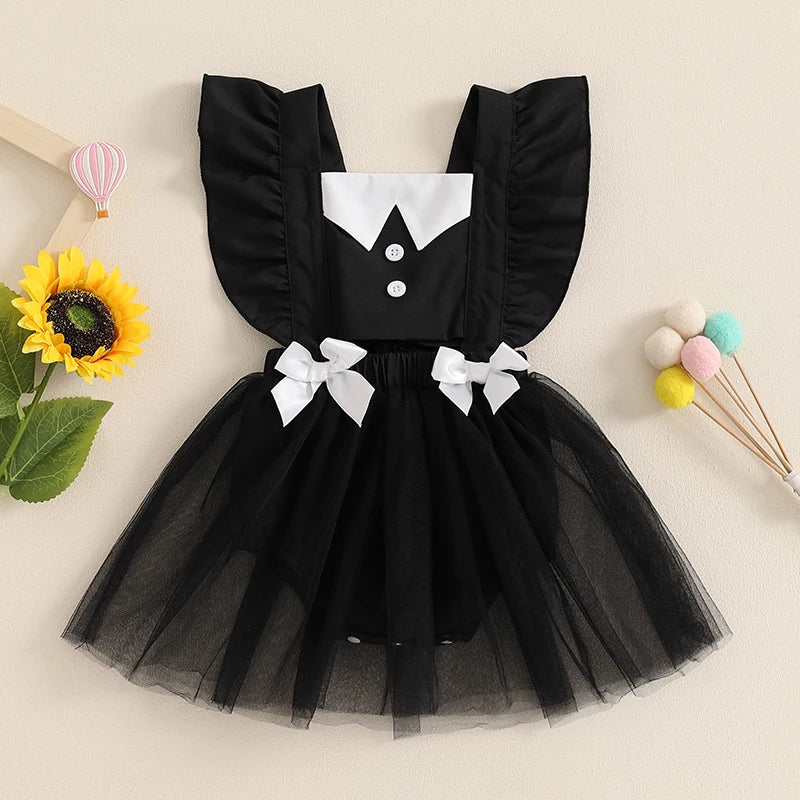 Baby Girls' Halloween Romper Dress - Flutter Sleeves Square Neck Tulle Patchwork Jumpsuit