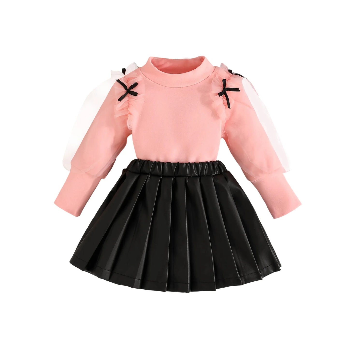 Toddler Kids Girls Fall Clothes Set - Mesh Bow Mock Neck Long Sleeve Top & Pleated Skirt