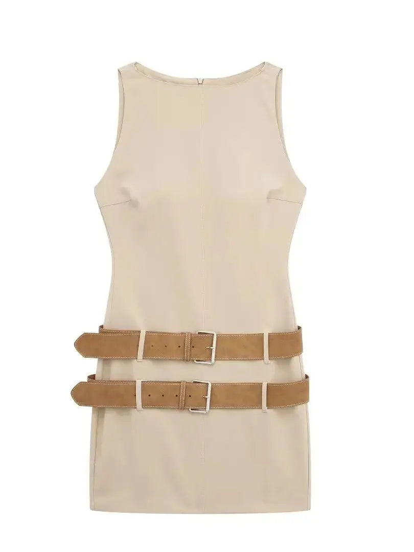Women's Summer Round Neck Double belt Solid Hollow Out Elegant Button Mini Dress