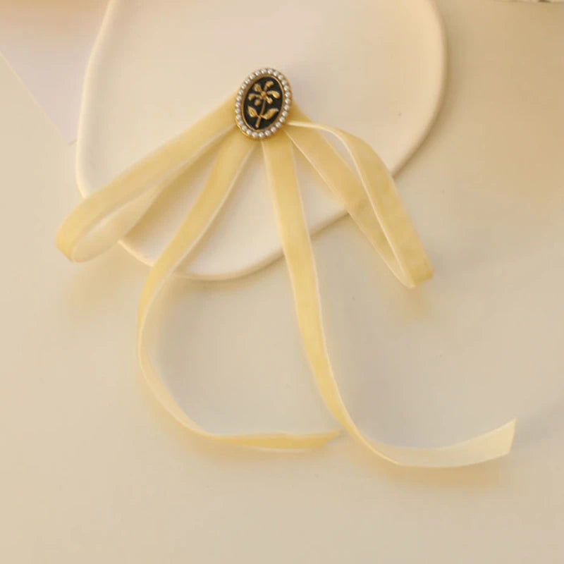 Anime Style Velvet Bow Pearl Brooch - Sweet Academic Pin for Girls