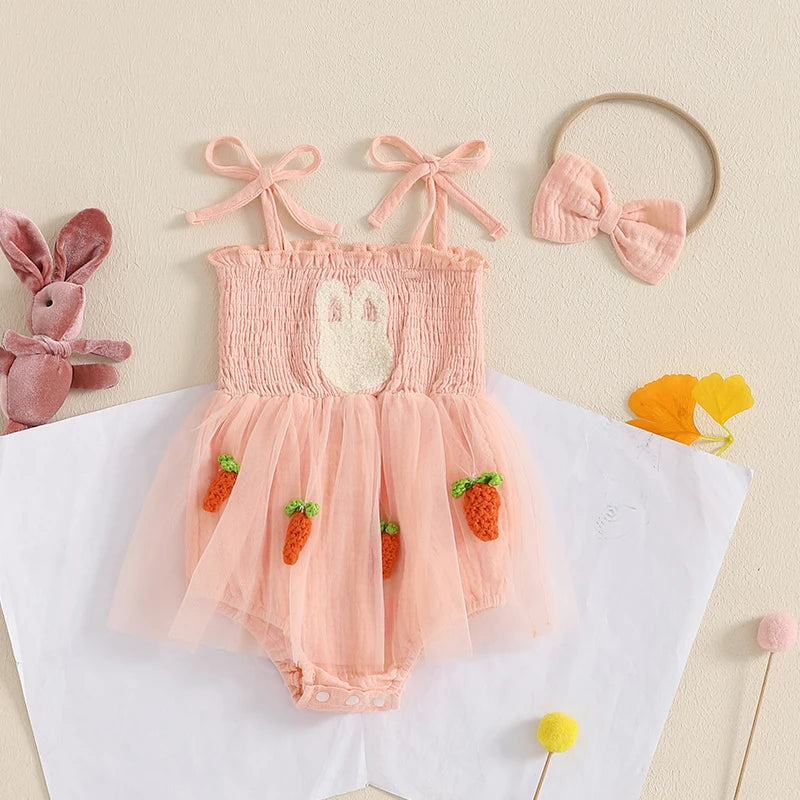 Baby Girls Easter Romper Dress with Headband - Rabbit Carrot Embroidery Tulle Jumpsuit