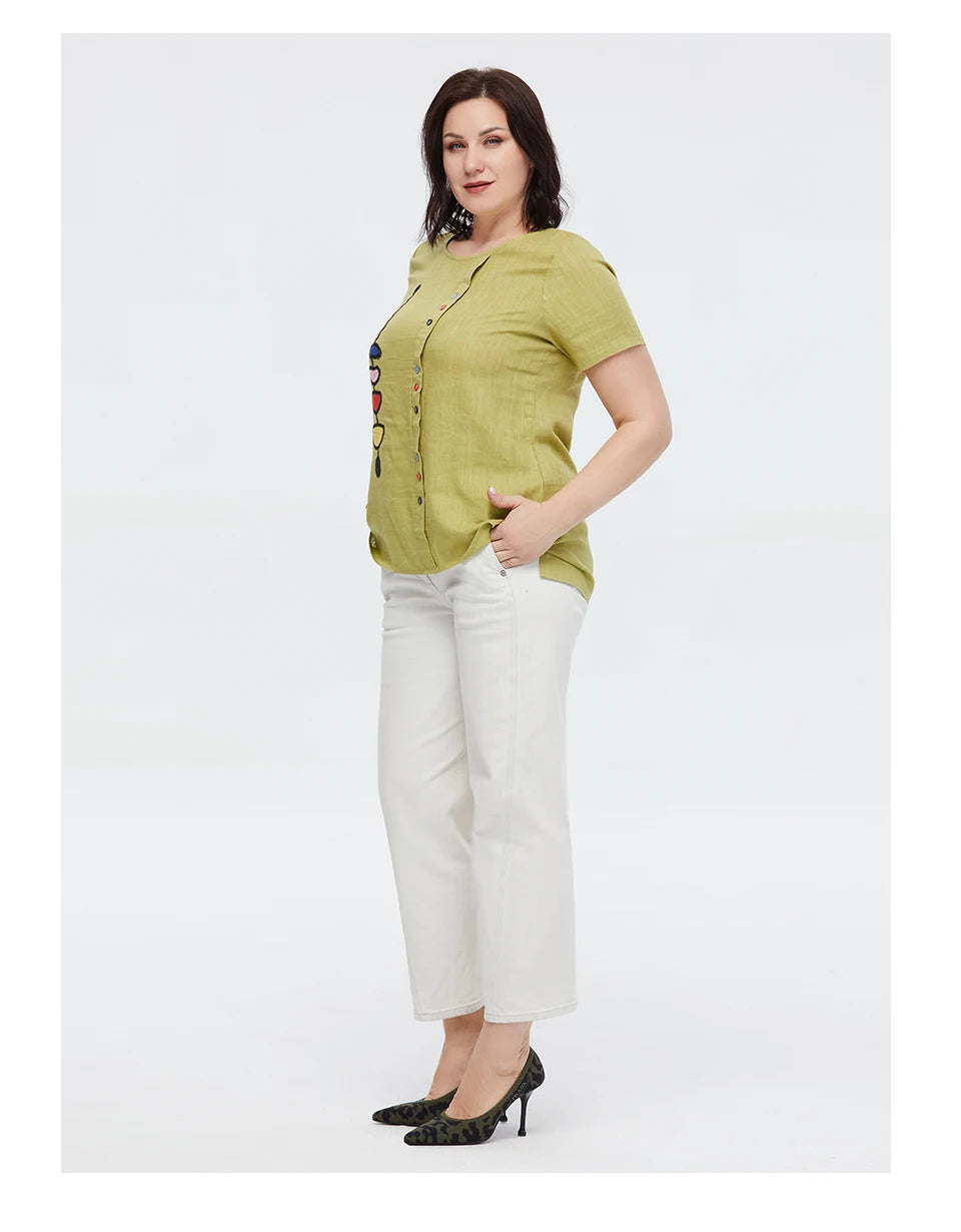 Women's Summer Cotton Linen Oversized Short Sleeve Sequins Button Top