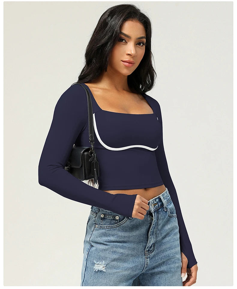 Women's Long Sleeve Yoga T-Shirt Square Neckline Gym Top Breathable Workout Running Crop Top Sportswear