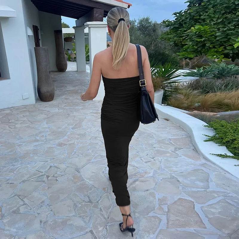 Women's U-neck Tube Top Pleated Bodycon Party Long Sleeveless Dress