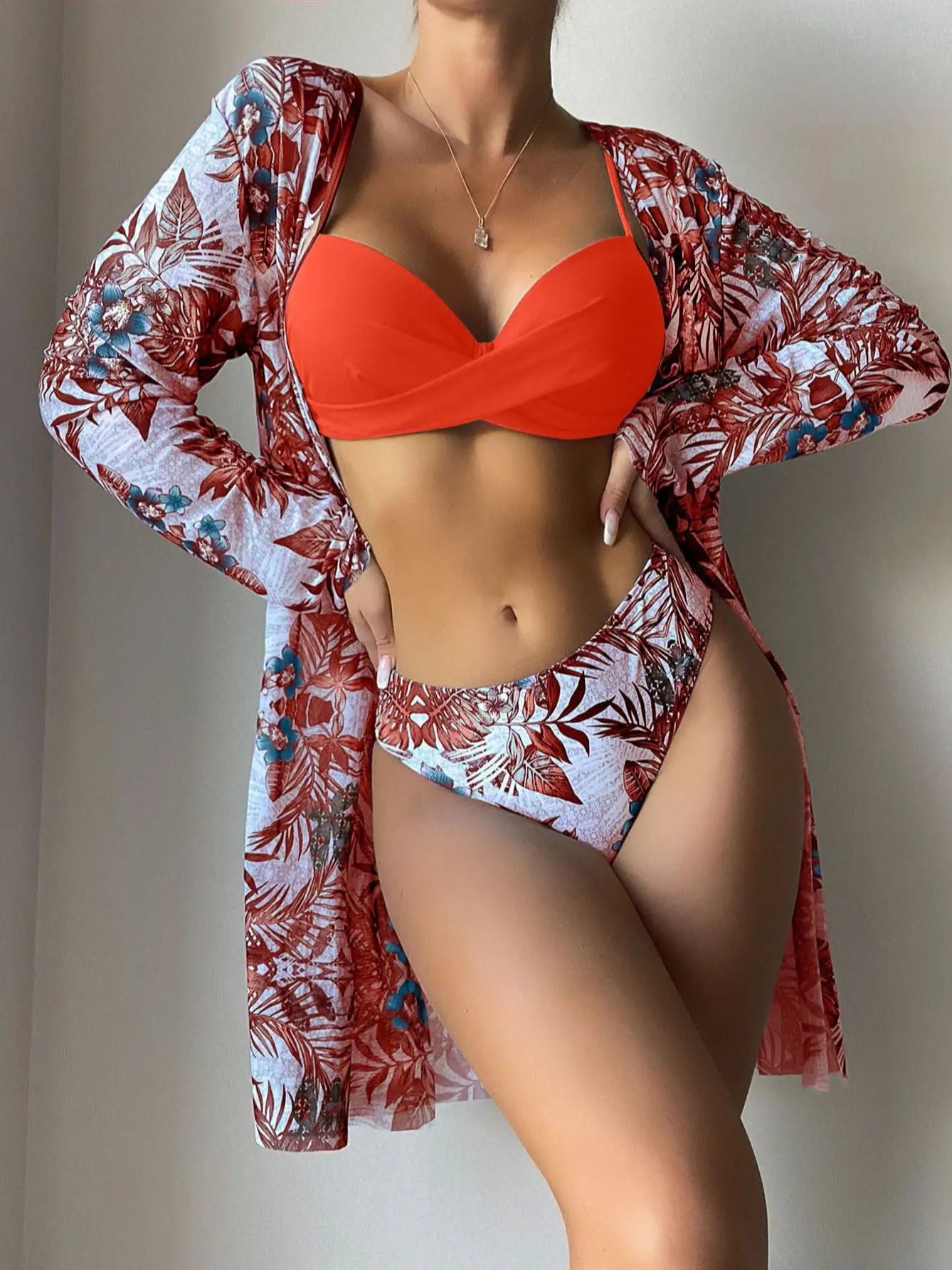 Women's Print Beach Cover Up And Bikini Set Swimwear Hollow Out Swimsuit High Waist Three Piece Beachwear