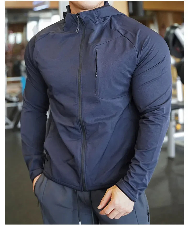 Men's Nylon Sport Coat Gym Fitness Hoodies Outdoor Workout Tops Hooded Training Running Zipped Jacket