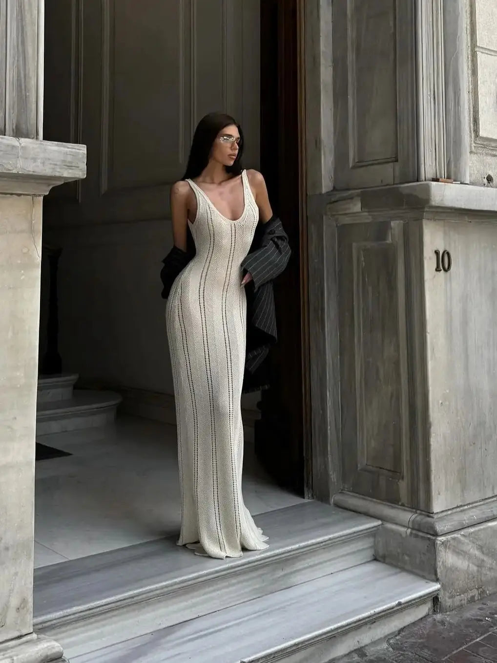 Crochet Knit Long Dress - Sleeveless Backless Bodycon Summer Cover Up
