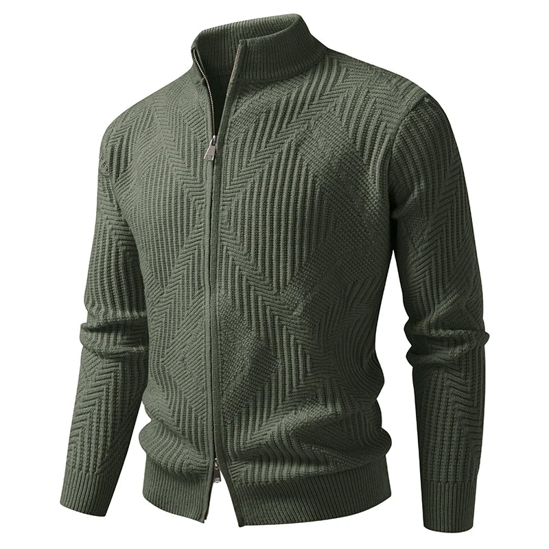 Men's Stand Collar Geometric Knit Sweatercoat - Solid Colour Casual Cardigan for Autumn Winter