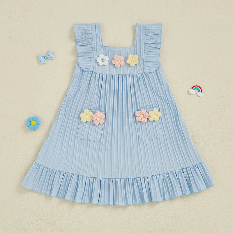 0-5Y Kids Girls Dress Flower Embroidery Fly Sleeve Ruffles Hem Casual Summer A-Line Dress