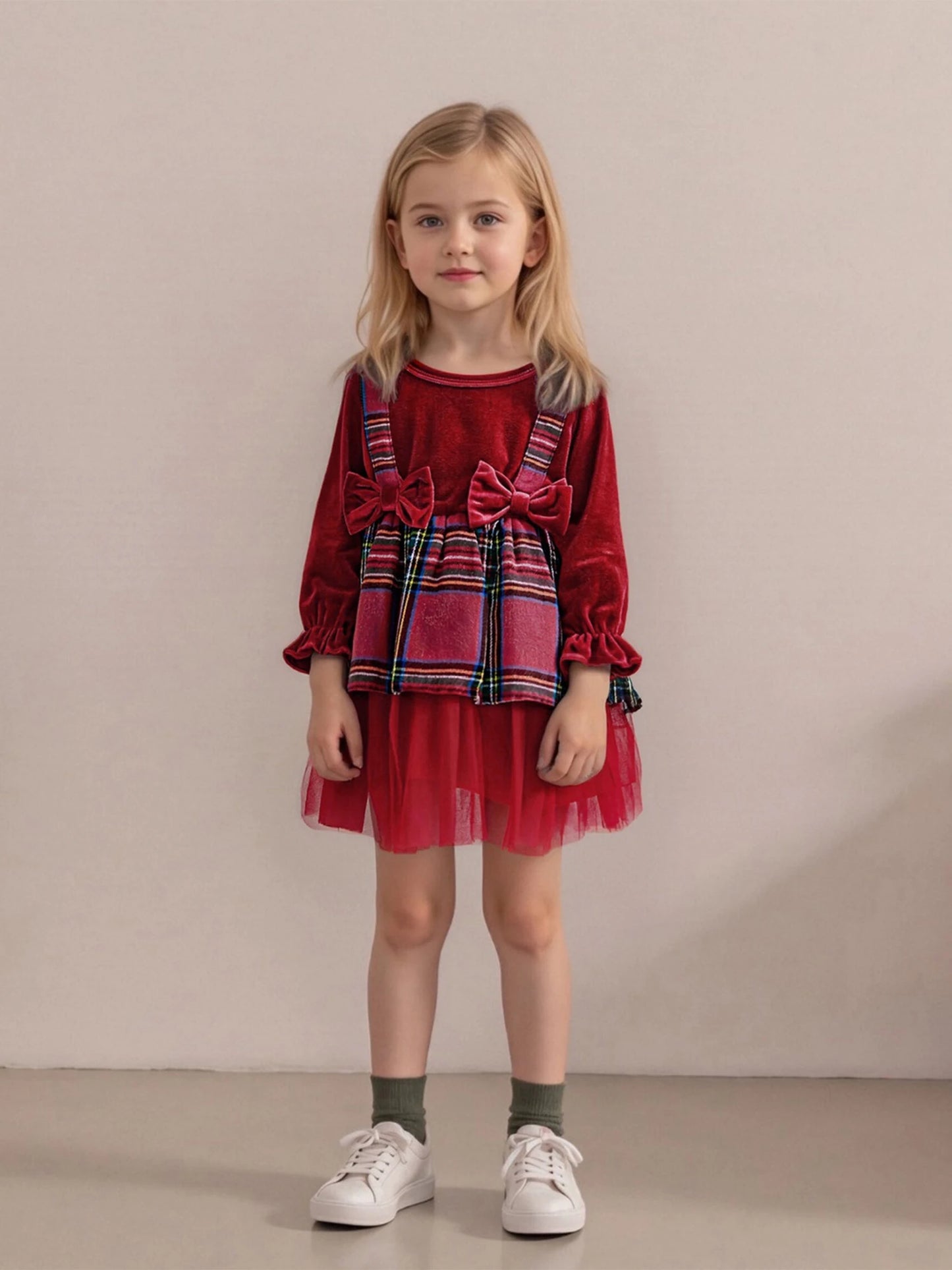 Baby Girls Christmas Plaid Velvet Party Dress (0-4Y)