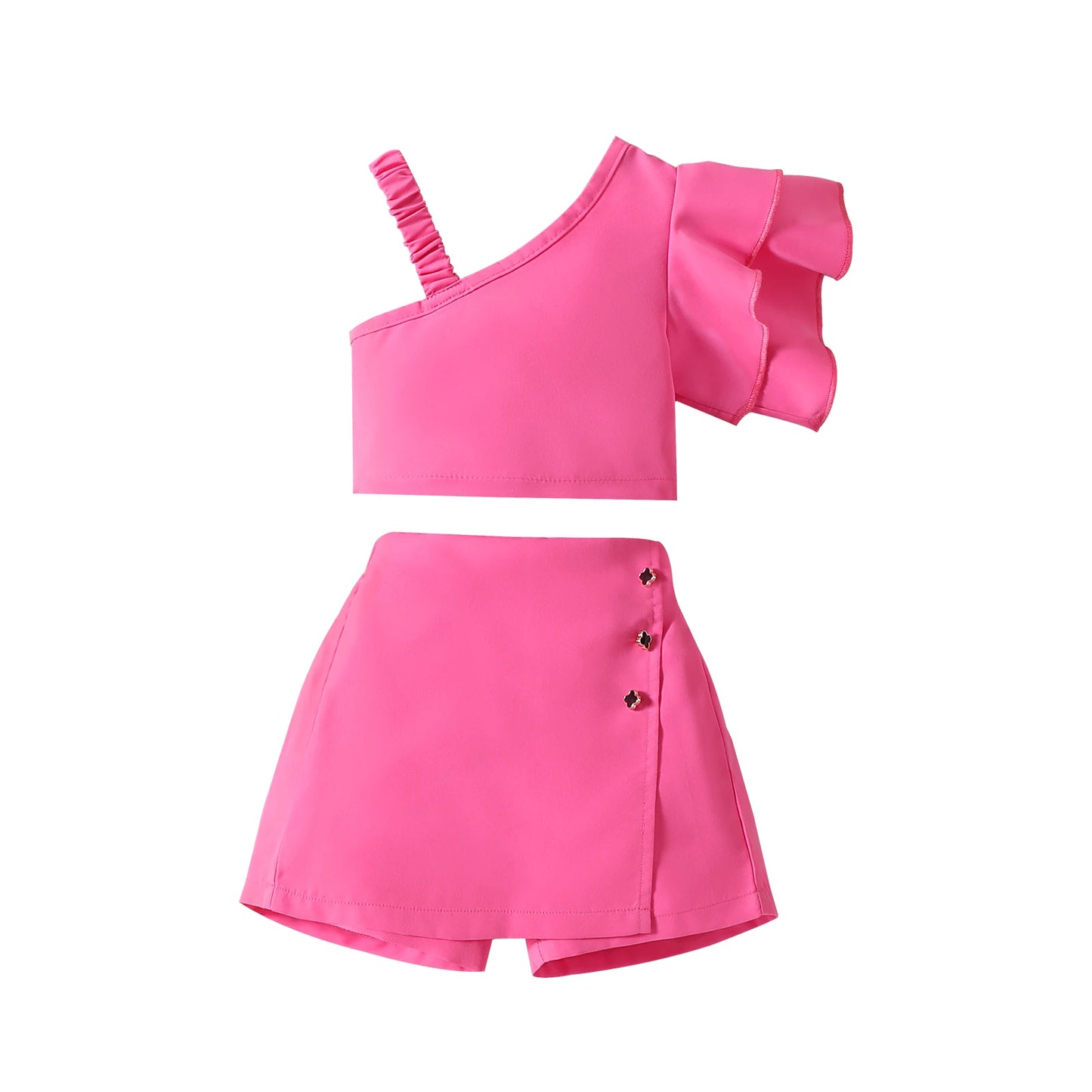 1-6Y Kids Girls Clothes Set Ruffles One Shoulder Sleeveless Vest with Solid Shorts Summer Outfit