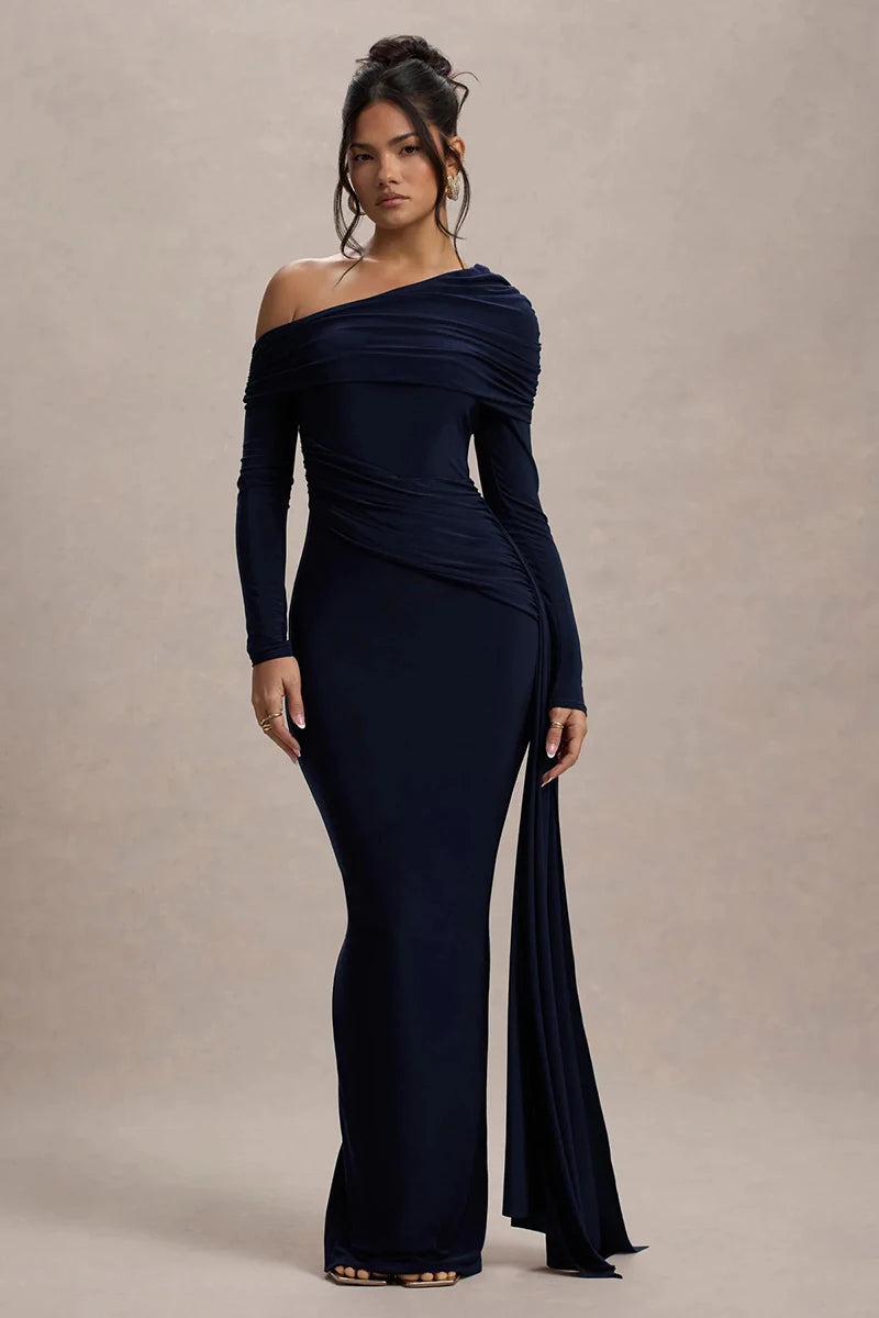Women's Skew Collar Long Sleeve Maxi Backless Draped Ruched Bodycon Long Dress