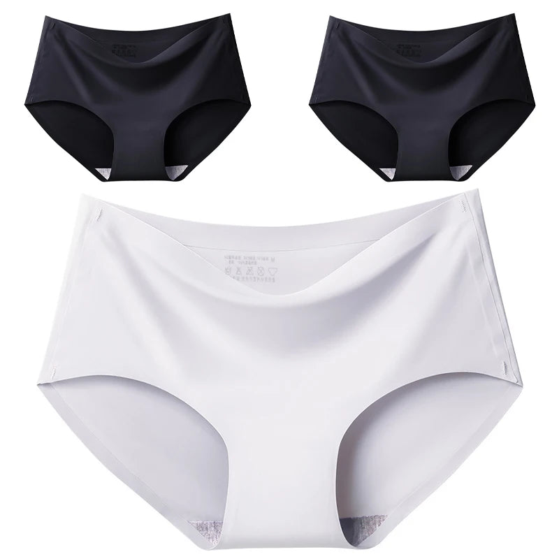Women's 3Pcs Seamless Ice Silk Underwear Invisible Comfort Briefs Mid-waist Panties Breathable Lingerie